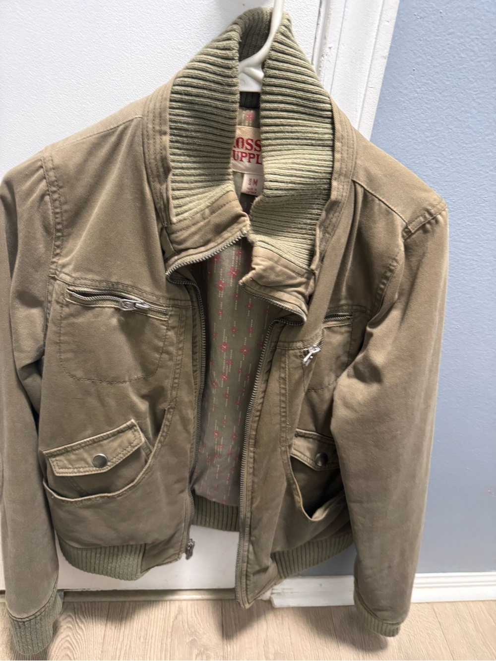 Women’s Khaki Bomber Jacket with Rib Knit Collar